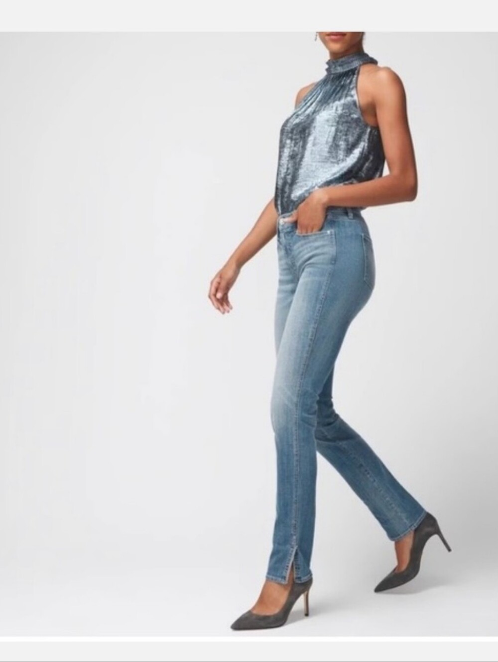 WHBM High-Rise Everyday Soft Novelty Slim Jeans
Rhinestone Detail Slit Sz 12